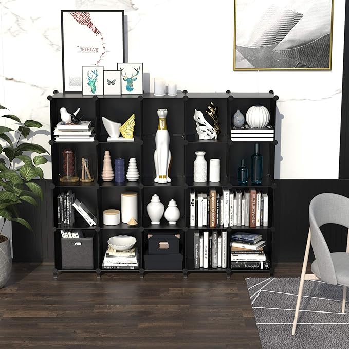 HOMIDEC 20-Cube Black Cube Storage Organizer, Modular Storage Shelf with Hammer, Cube Storage Bin Cabinet Closet Bookshelf for Living Room, Bedroom, Office, Each Cube Size 11.8 x 11.8 inch - LeafyLoom