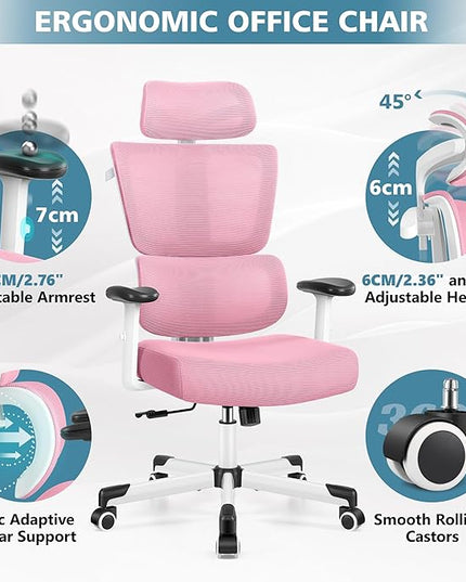 Primy Office Chair Ergonomic Desk Chair, High Back Computer Gaming Chair, Comfy Big and Tall Home Office Chair with Lumbar Support, Breathable Mesh Reclining Chair Adjustable Armrests Headrest(Pink) - LeafyLoom