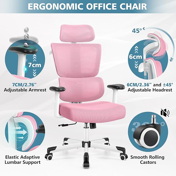Primy Office Chair Ergonomic Desk Chair, High Back Computer Gaming Chair, Comfy Big and Tall Home Office Chair with Lumbar Support, Breathable Mesh Reclining Chair Adjustable Armrests Headrest(Pink) - LeafyLoom