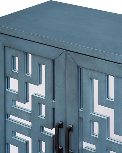 60" Retro Mirrored Buffet Sideboard with Metal Pulls,Accent Farmhouse-Style Wooden Storage Cabinet,W/ 4-Door,for Hallway,Entryway,Bedroom and Living Room,Navy - LeafyLoom