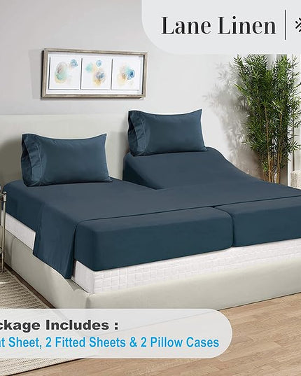 LANE LINEN Split King Sheets for Adjustable Beds - 1000 Thread Count 5 Piece Set 100% Egyptian Cotton Sateen Weave Cool Breathable & Soft 2 Fitted Fits Upto 17" Deep Pockets Dark Denim - LeafyLoom