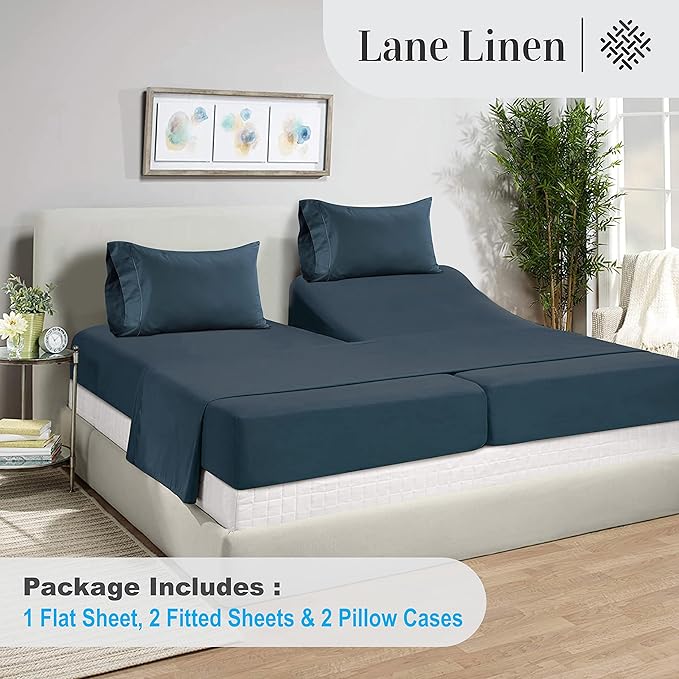 LANE LINEN Split King Sheets for Adjustable Beds - 1000 Thread Count 5 Piece Set 100% Egyptian Cotton Sateen Weave Cool Breathable & Soft 2 Fitted Fits Upto 17" Deep Pockets Dark Denim - LeafyLoom
