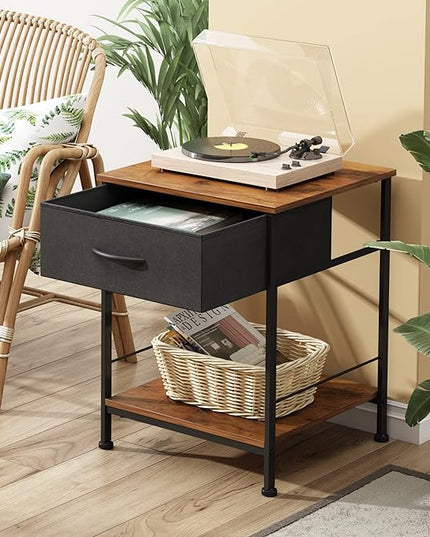 WLIVE Night Stand, Side Table with Fabric Storage Drawer, Small Nightstand, Bedside Table End Table for Bedroom, Dorm, Open Wood Shelf, Steel Frame, Black and Rustic Brown - LeafyLoom