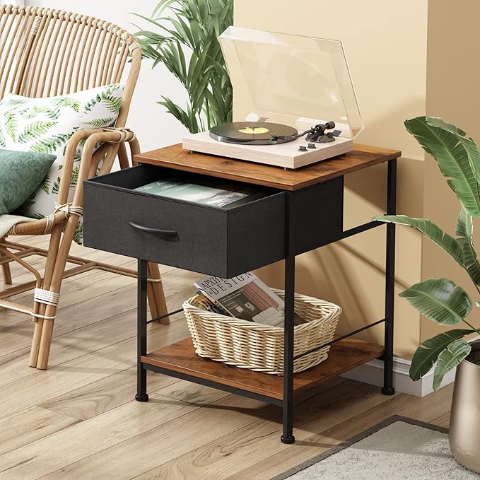 WLIVE Night Stand Set 2, Nightstands End Tables with Fabric Storage Drawer and Open Wood Shelf, Side Tables for Bedroom, Small Bedside Furniture, Dorm, Easy Assembly, Black and Rustic Brown - LeafyLoom