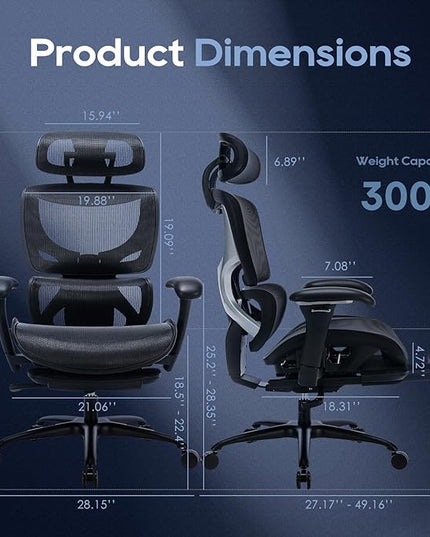 Ergonomic Mesh Office Chair with Footrest, Executive High Back Computer Desk Chair with Wide Headrest and Adjustable 3D Arms, Backrest, Tilt Lock and Lumbar Support-Black - LeafyLoom