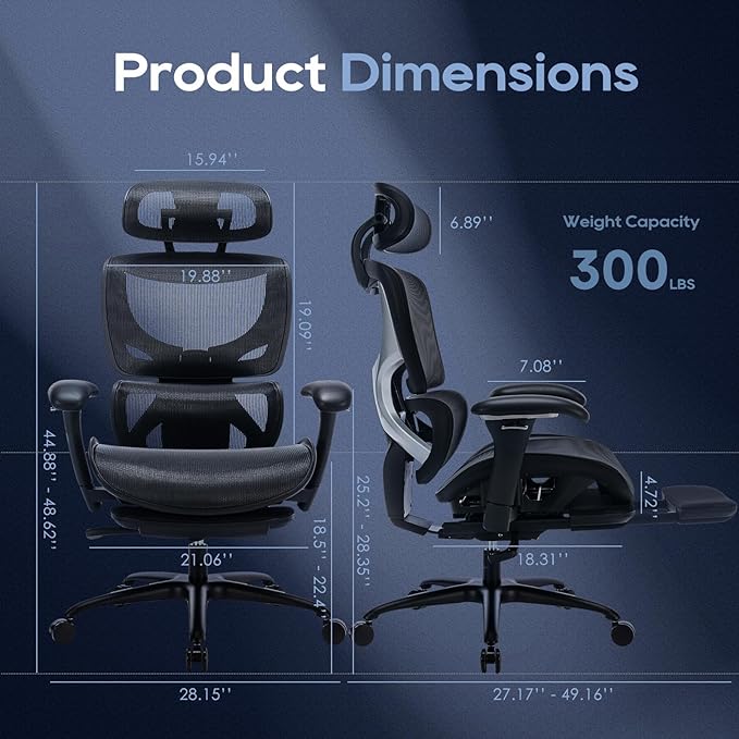 Ergonomic Mesh Office Chair with Footrest, Executive High Back Computer Desk Chair with Wide Headrest and Adjustable 3D Arms, Backrest, Tilt Lock and Lumbar Support-Black - LeafyLoom