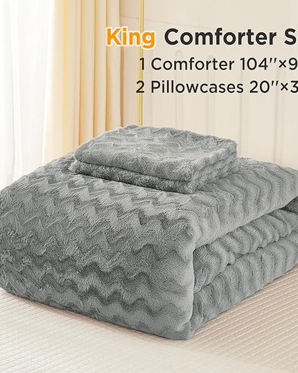Andency Grey Fleece Comforter Set King, 3 Pieces Fuzzy Fluffy Faux Fur Bedding Comforter, Plush Shaggy Sherpa Bed Set for Winter (104x90Inch Comforter) - LeafyLoom
