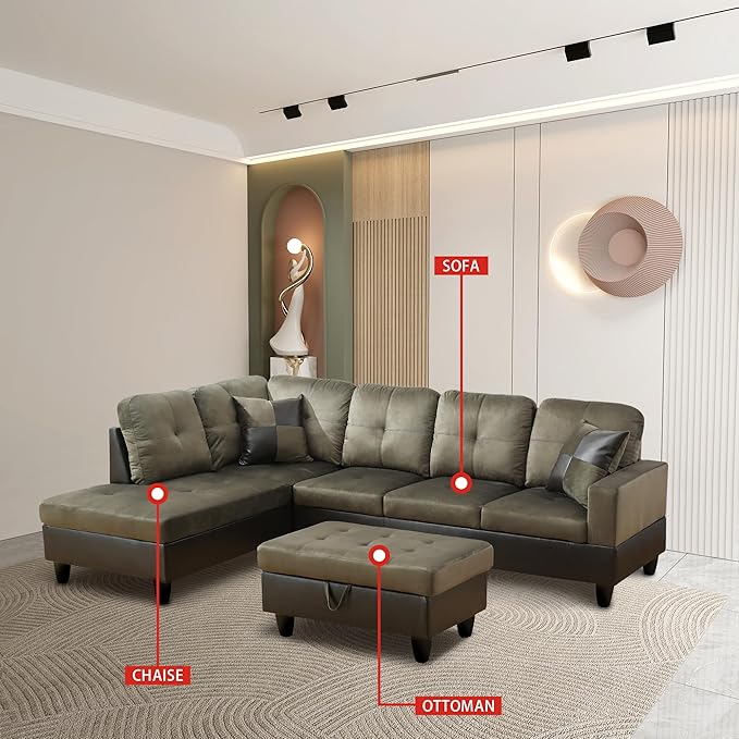 ROOMTEC 3 Piece L Shaped Sectional Sofa Set with Storage Ottoman, Left Facing Chaise Longue, Reversible Backrest w/ 2 Cup Holders, Flannel Tufted Cushions, for Living Room, Taupe - LeafyLoom