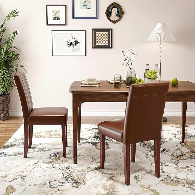 Soohow Upholstered Set of 2 with Solid Wood Legs Armless Indoor Dining Room, Kitchen Table Parson Chairs, Dark Brown Leather - LeafyLoom