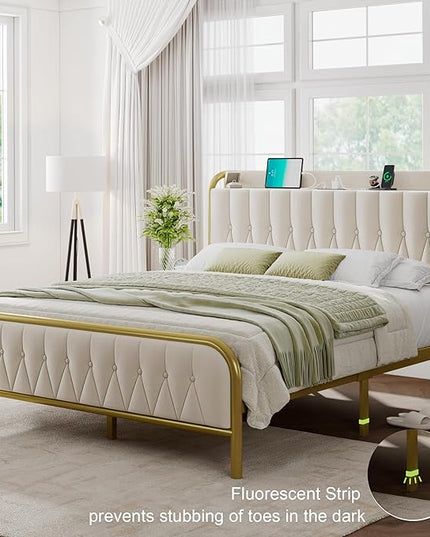 Feonase Queen Bed Frame with Type-C & USB Port, Metal Platform Beds, with Velvet Upholstered Headboard & Footboard, 12" Underbed Storage Space, Easy Assembly, Noise-Free, Gold&Beige - LeafyLoom