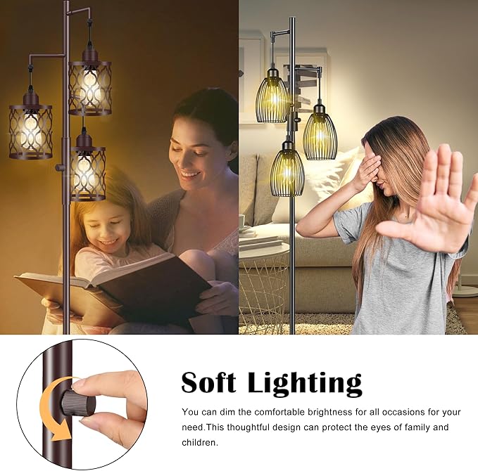 68" Farmhouse floor lamp, Dimmable Industrial Floor Lamps for Living Room, 3 Light Rustic Standing Tall Lamp Including 3 PCS 6W E26 Bulbs, Tree Floor Lamp for Bedrooms Room, Office, Bar, Brown - LeafyLoom