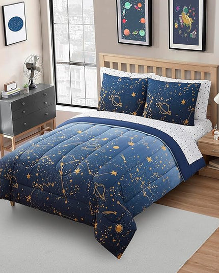 Kids Bedding Set Bed in a Bag for Boys and Girls Toddlers Printed Sheet Set and Comforter, Full, Galaxy - LeafyLoom