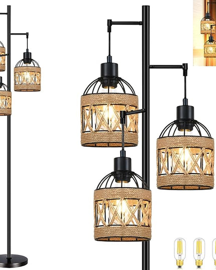 Tree Floor Lamp Rattan for Living Room,Bedroom,3-Lights Boho Floor Lamps,Farmhouse Industrial Black Standing Lamp Wicker Tall Lamp,Woven Bamboo Lamp Shade Floor Light Bohemian - LeafyLoom