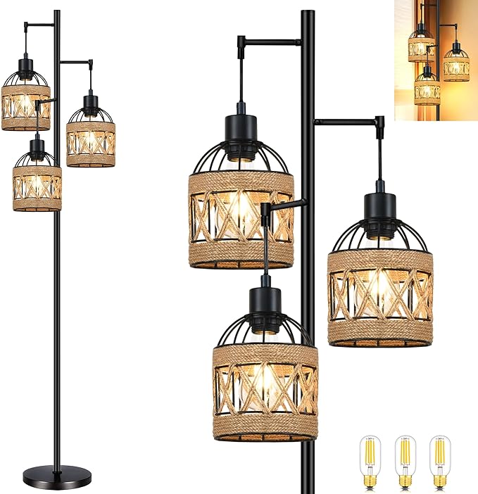 Tree Floor Lamp Rattan for Living Room,Bedroom,3-Lights Boho Floor Lamps,Farmhouse Industrial Black Standing Lamp Wicker Tall Lamp,Woven Bamboo Lamp Shade Floor Light Bohemian - LeafyLoom