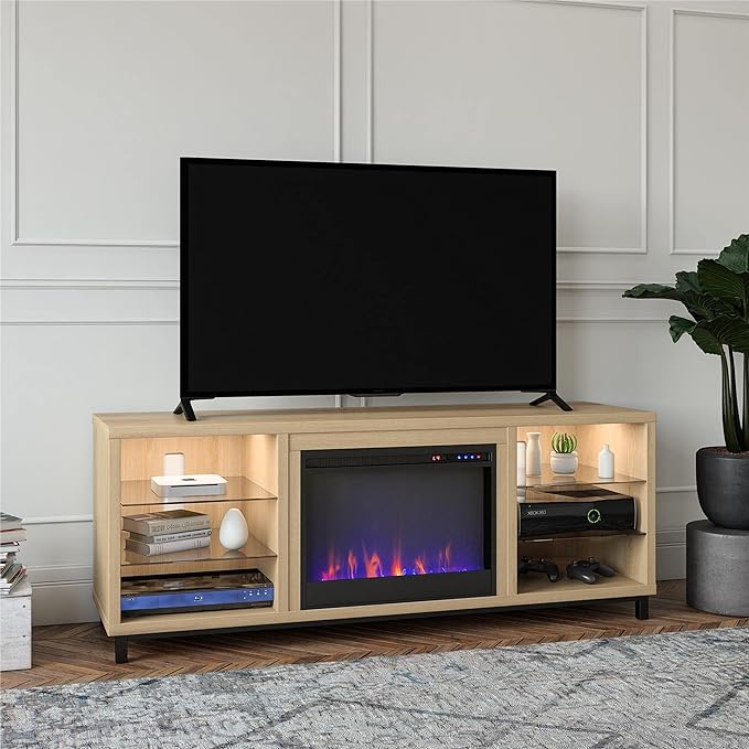 Ameriwood Home Lumina Fireplace TV Stand, Deluxe 70", Blonde Oak - LeafyLoom