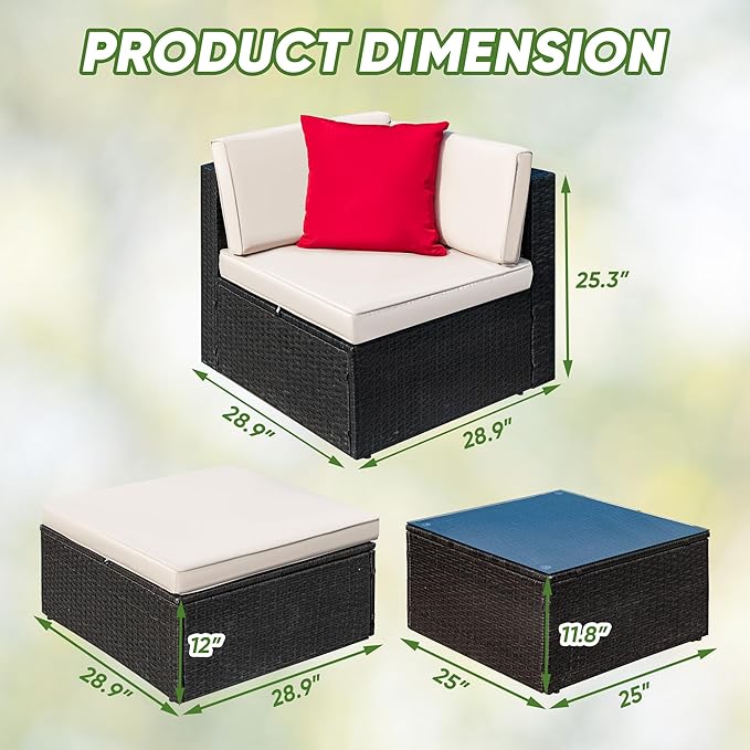 Greesum 3 Piece Patio Conversation Set Wicker Rattan Furniture Outdoor Sofa with Cushions,Pillows and Glass Table for Porch,Lawn and Yard, Beige - LeafyLoom