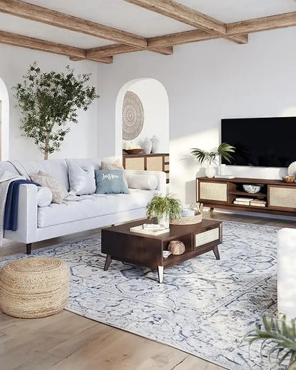 Bme Modern Solid Wood Coffee Table with Storage, Accent Rattan Design, Perfect for Living Room, Walnut, Medium - LeafyLoom