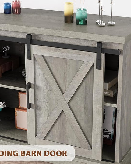 IDEALHOUSE Grey Farmhouse Cabinet, 65 Inch TV Stand with Storage, Barn Doors and Shelves, Modern TV Console Table Furniture for Living Bedroom - LeafyLoom