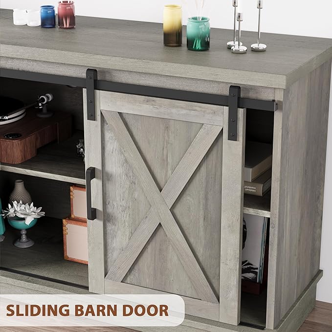 IDEALHOUSE Grey Farmhouse Cabinet, 65 Inch TV Stand with Storage, Barn Doors and Shelves, Modern TV Console Table Furniture for Living Bedroom - LeafyLoom