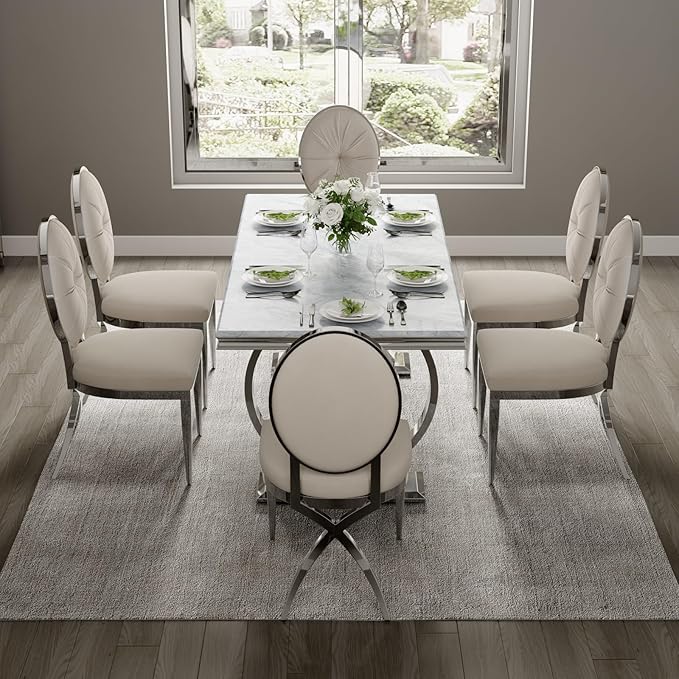 ACEDÉCOR Dining Chairs, White Velvet Dining Room Chairs with Silver Mirrored Base, Glam White Kitchen Chairs for Dining Room, Kitchen, Living Room (Set of 4) - LeafyLoom