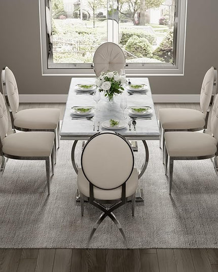ACEDÉCOR Dining Chairs, White Velvet Dining Room Chairs with Silver Mirrored Legs, Glam White Kitchen Chairs for Dining Room, Kitchen, Living Room (Set of 6) - LeafyLoom
