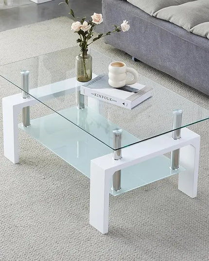 Coffee Table - Rectangle Glass Coffee Table with Simple and Classical Inspired Design, Easy Assembly for Modern Living, 39.5 * 23.5 * 17.5 inches (White) - LeafyLoom