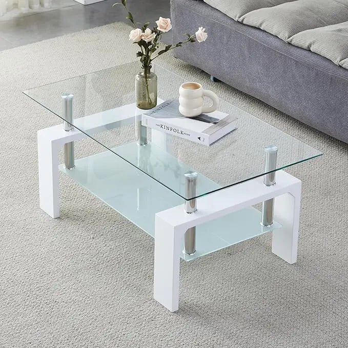 Coffee Table - Rectangle Glass Coffee Table with Simple and Classical Inspired Design, Easy Assembly for Modern Living, 39.5 * 23.5 * 17.5 inches (White) - LeafyLoom