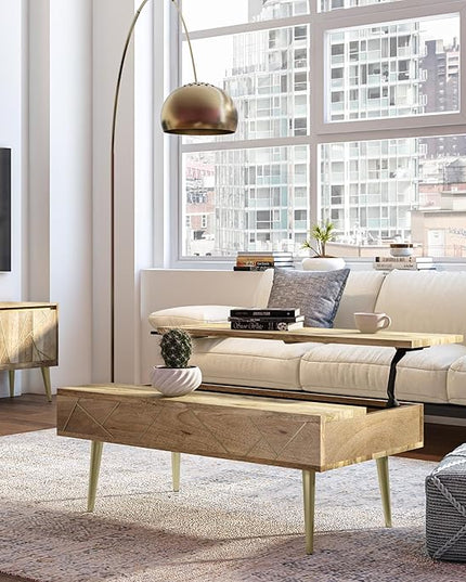 SIMPLIHOME Jager SOLID MANGO WOOD 48 Inch Wide Rectangle Contemporary and Mid century Large Lift Top Coffee Table in Natural, for The Living Room and Family Room - LeafyLoom