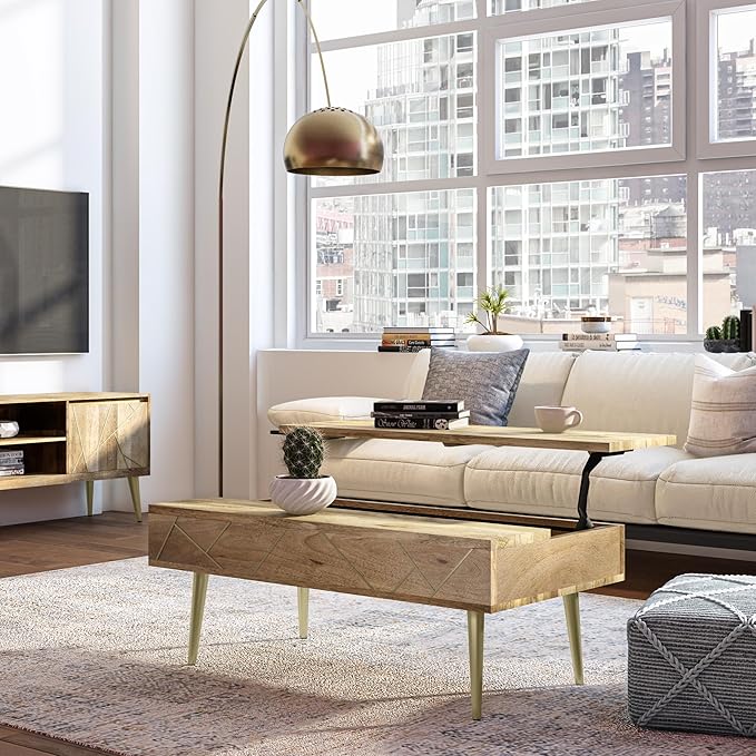 SIMPLIHOME Jager SOLID MANGO WOOD 48 Inch Wide Rectangle Contemporary and Mid century Large Lift Top Coffee Table in Natural, for The Living Room and Family Room - LeafyLoom