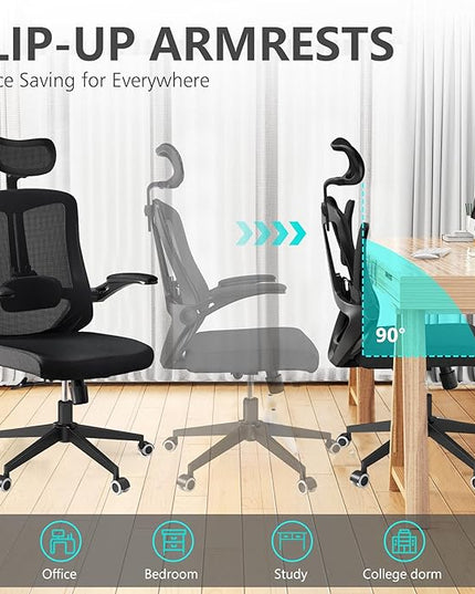 Office Chair 350LBS Capacity,Ergonomic Comfy Home Desk Chair,High Back Gaming Chair with Wheels,Mesh Computer Chair,Lumbar Support,Adjustable Headrest,Flip-up Armrest - LeafyLoom