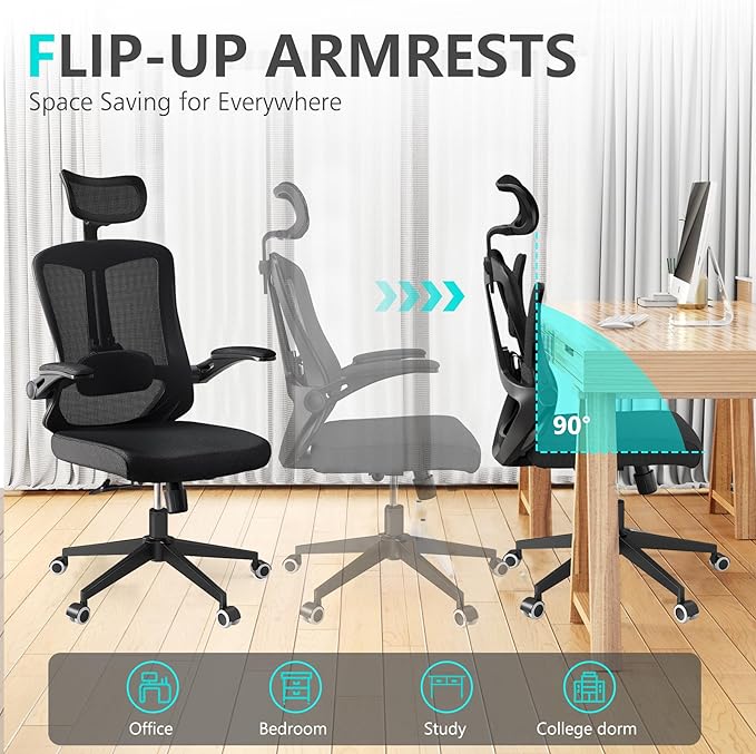 Office Chair 350LBS Capacity,Ergonomic Comfy Home Desk Chair,High Back Gaming Chair with Wheels,Mesh Computer Chair,Lumbar Support,Adjustable Headrest,Flip-up Armrest - LeafyLoom