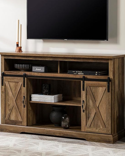 Walker Edison Clayton Farmhouse Sliding Double Barn Door TV Stand for TVs up to 58 Inches, 52 Inch, Rustic Oak - LeafyLoom