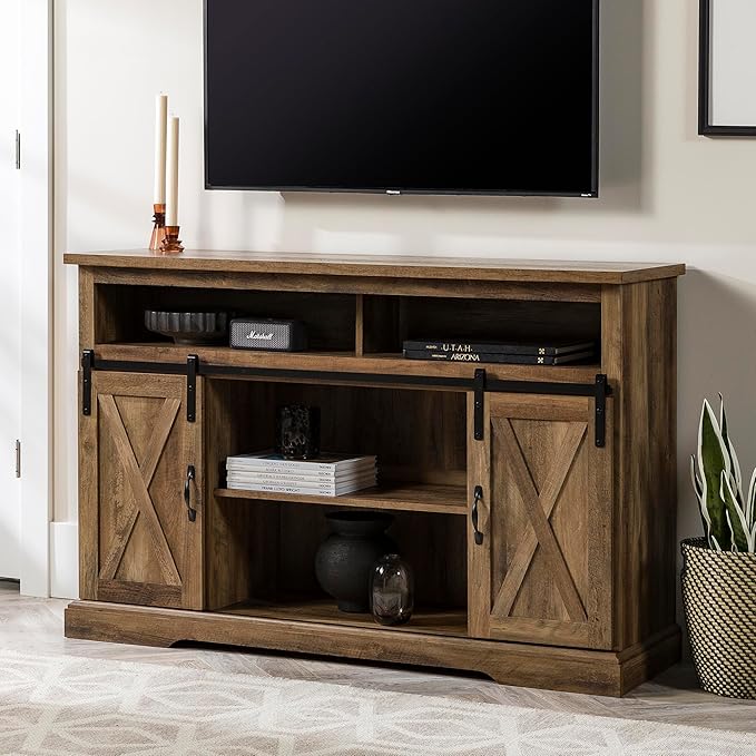 Walker Edison Clayton Farmhouse Sliding Double Barn Door TV Stand for TVs up to 58 Inches, 52 Inch, Rustic Oak - LeafyLoom