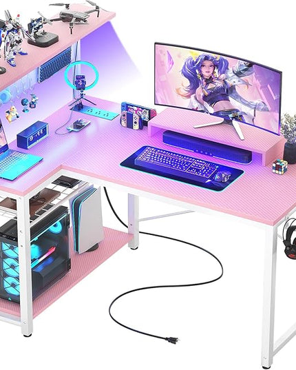 Homieasy Small Gaming Desk with Power Outlets Pegboard LED Light, 43 Inch L Shaped Computer Desk with Monitor Stand Storage Shelves, Reversible Corner Desk with Headset Hooks, Carbon Pink - LeafyLoom