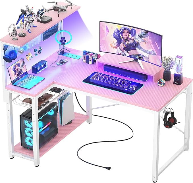 Homieasy Small Gaming Desk with Power Outlets Pegboard LED Light, 43 Inch L Shaped Computer Desk with Monitor Stand Storage Shelves, Reversible Corner Desk with Headset Hooks, Carbon Pink - LeafyLoom