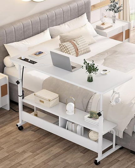 Height Adjustable Standing Desk with Power Outlets, 47" Manual Stand Up Desk with Storage Shelves Small Mobile Rolling Computer Desk Portable Laptop Table with Wheels for Home Office, White - LeafyLoom