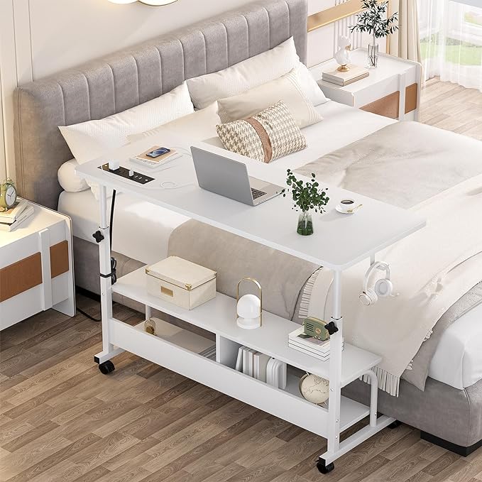 Height Adjustable Standing Desk with Power Outlets, 47" Manual Stand Up Desk with Storage Shelves Small Mobile Rolling Computer Desk Portable Laptop Table with Wheels for Home Office, White - LeafyLoom