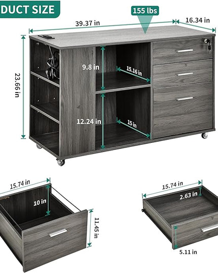 YITAHOME File Cabinet with Charging Station, Mobile Lateral Filing Cabinet with Lock for Home Office, Printer Stand with Open Storage Shelf, Fits A4, Letter, Legal Size Files, Office Furniture, Grey - LeafyLoom