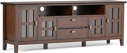 SIMPLIHOME Artisan SOLID WOOD Universal TV Media Stand, 72 inch Wide, Contemporary, Living Room Entertainment Center, Storage Cabinet, for Flat Screen TVs up to 80 inches in Russet Brown - LeafyLoom