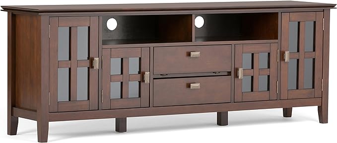 SIMPLIHOME Artisan SOLID WOOD Universal TV Media Stand, 72 inch Wide, Contemporary, Living Room Entertainment Center, Storage Cabinet, for Flat Screen TVs up to 80 inches in Russet Brown - LeafyLoom