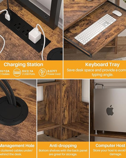 Cyclysio Small Corner Desk with Hutch, Heavy Duty Corner Computer Desk with Power Outlets & LED Light, Triangle Corner Gaming Desk with Keyboard Tray for Home Office, Small Space, Workstation Brown - LeafyLoom