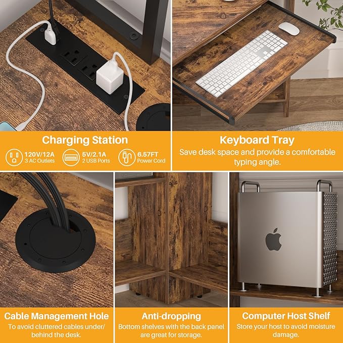 Cyclysio Small Corner Desk with Hutch, Heavy Duty Corner Computer Desk with Power Outlets & LED Light, Triangle Corner Gaming Desk with Keyboard Tray for Home Office, Small Space, Workstation Brown - LeafyLoom