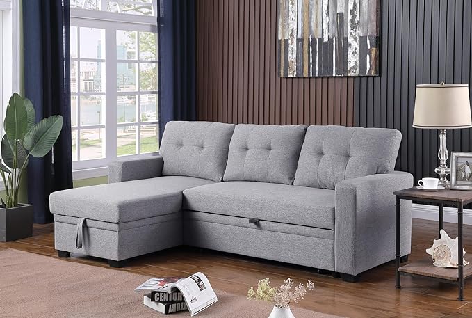 82" Sectional Sofa, L Shaped Sleeper of Convertible Lounge, Pull Out Couch Bed and Storage Chaise for Home Living Room Apartment Dorm, 82inch, Light Gray - LeafyLoom