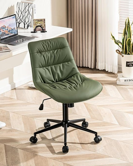 Kidol & Shellder Armless Office Chair Desk Chair Comfy Makeup Vanity Chair with Back Ergonomic Swivel Chair Home Office Desk Chairs with Wheels Computer Chair Bedroom Accent Chair(Olive Green) - LeafyLoom