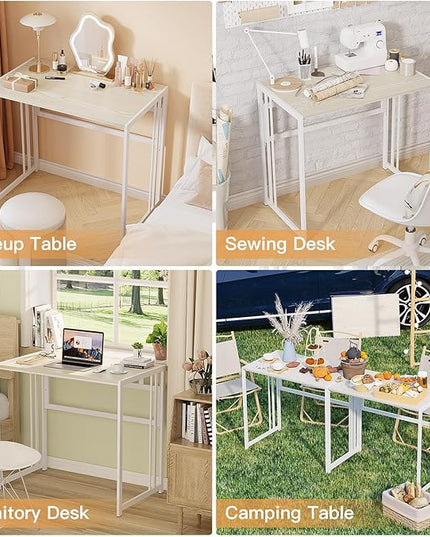 Folding Desk 32'' Computer Desk No Assembly Required Foldable Table Space Saving Writing Workstation for Home Office (Beige, White) - LeafyLoom