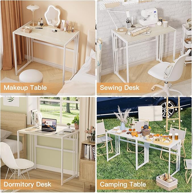 Folding Desk 32'' Computer Desk No Assembly Required Foldable Table Space Saving Writing Workstation for Home Office (Beige, White) - LeafyLoom