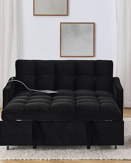 Tufted Convertible Futon Loveseat Pull Out Couch Bed 3 in 1 Velvet Upholstered Sleeper Sofa Recliner Love Seat Lounge Chaise Daybed with Adjustable Backrest Type C and USB Charging for Living Room - LeafyLoom