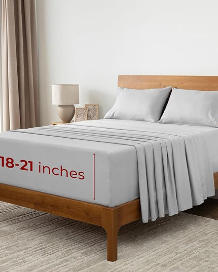 Mellanni Extra Deep Queen Sheets - 4 PC Iconic Collection Bedding Sheets & Pillowcases - Hotel Luxury, Ultra Soft, Cooling Bed Sheets - Extra Deep Pocket up to 21 inch (Queen, Light Gray) - LeafyLoom