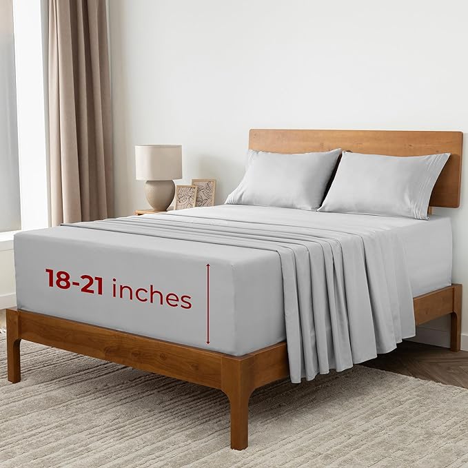 Mellanni Extra Deep Full Sheets - 4 PC Iconic Collection Bedding Sheets & Pillowcases - Hotel Luxury, Ultra Soft, Cooling Bed Sheets - Extra Deep Pocket up to 21 inch (Full, Light Gray) - LeafyLoom