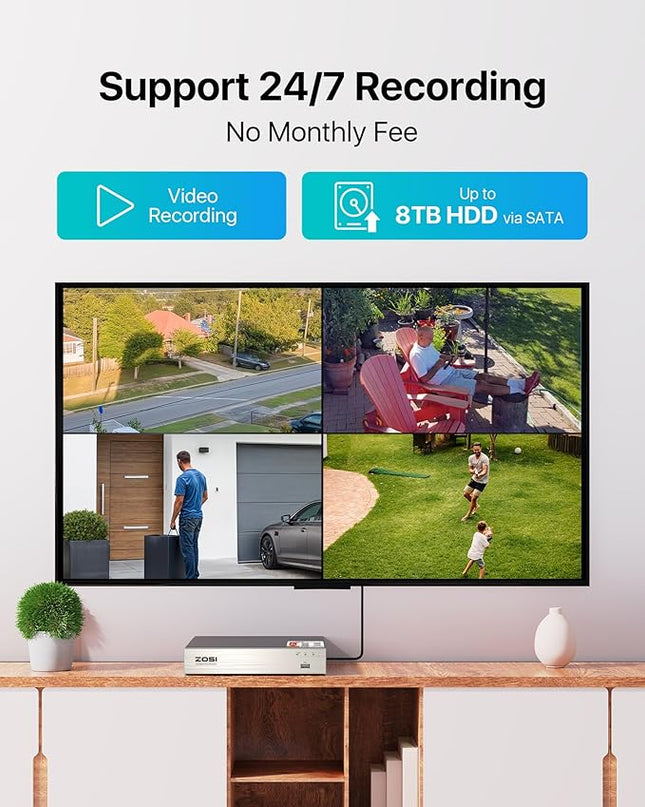 ZOSI 8CH 5MP Lite Home Security Camera System with 1-Way Audio,4x 1080p Metal Indoor Outdoor Cameras,AI Human/Vehicle Detection,Night Vision,Remote Access,H.265+ 8-Channel CCTV DVR No Hard Drive ZOSI